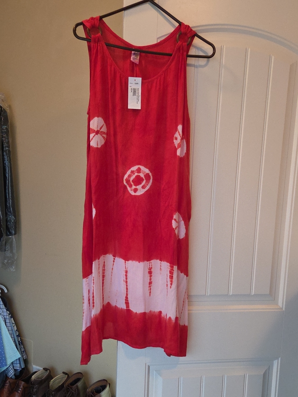 Red Tie-Dye Sleeveless Summer Dress with White Accents.